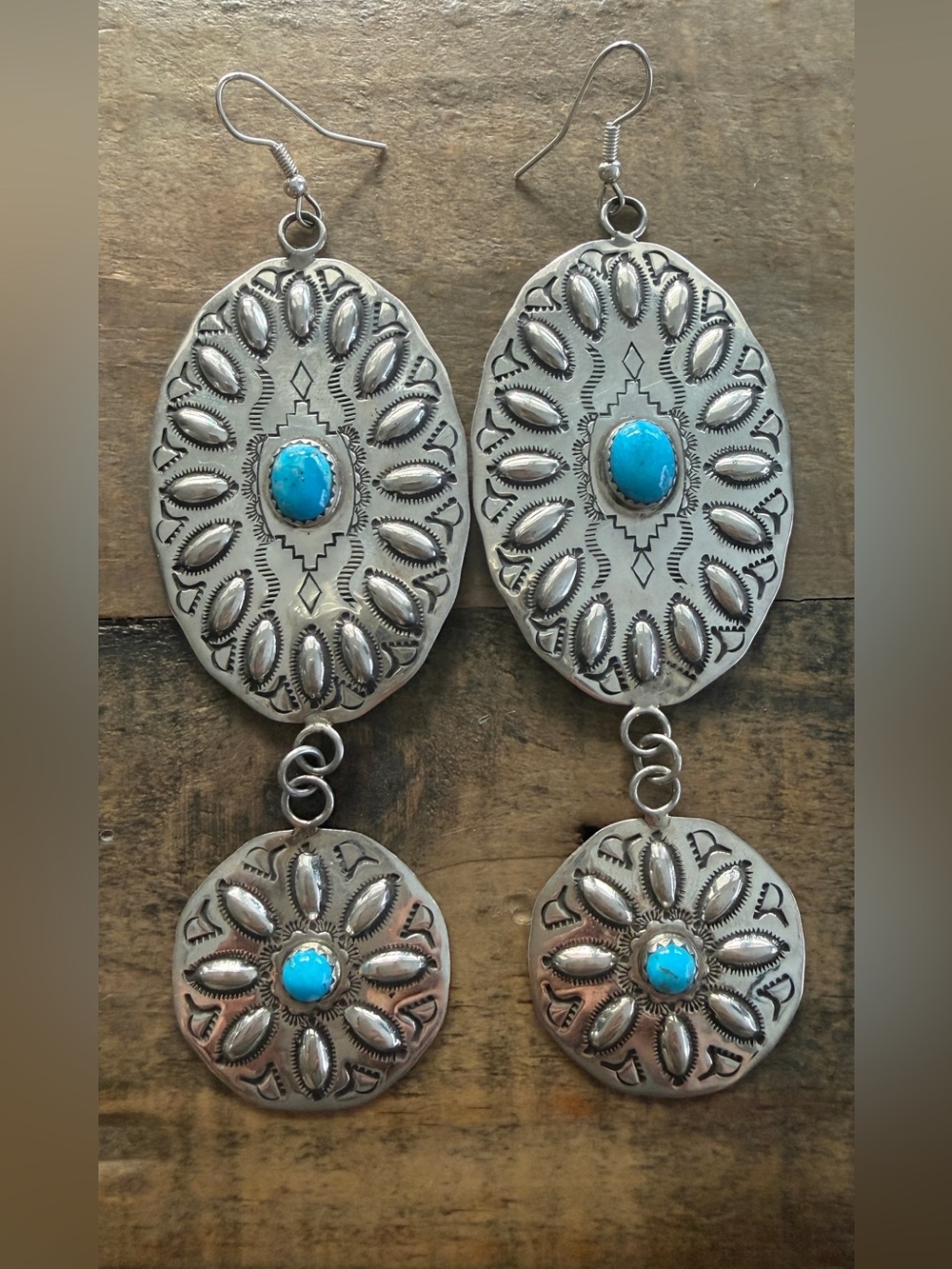 Native Navajo Handmade Sterling Silver Stamped Concho Turquoise Tahe Earrings
